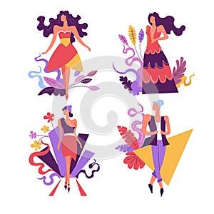Shopping sale, women in fashion clothes isolated icons