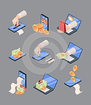 Shopping and sales online isometric large set. Bonus discount for bulk order mobile web applications with retail