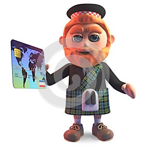Shopping Scottish man in kilt pays with a credit card, 3d illustration