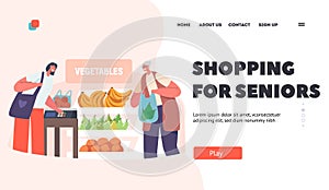 Shopping for Seniors Landing Page Template. Old Woman with Bag Stand at Product Shelf in Store, Aged Lady in Supermarket
