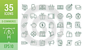 Shopping set icon for web design. E commerce. Discount coupon. Business icon. Price tag. Line vector. Vector stock