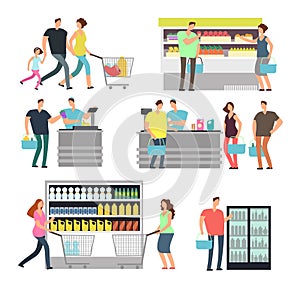 Shopping shop people in supermarket. Family buyers and store employees in mall vector icons set