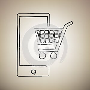 Shopping on smart phone sign. Vector. Brush drawed black icon at