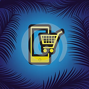 Shopping on smart phone sign. Vector. Golden icon with black con