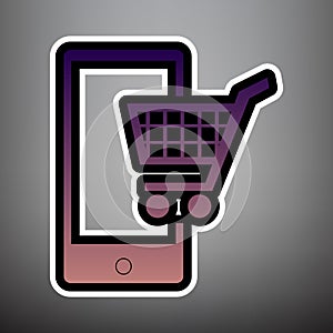 Shopping on smart phone sign. Vector. Violet gradient icon with