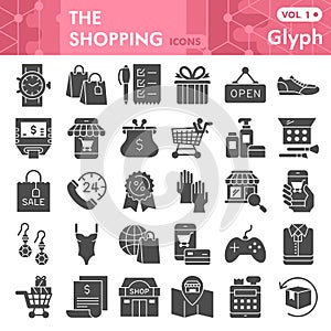 Shopping solid icon set, store and shop symbols collection or sketches. E-commerce glyph style signs for web and app