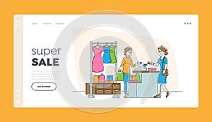 Shopping Spare Time Website Landing Page. Woman Paying with Credit Card at Counter Desk in Store Buying Garment