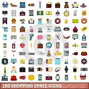 100 shopping spree icons set, flat style