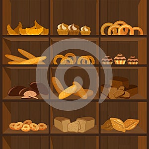 Shopping stands with bakery products. Supermarket shelves with wheat, rye and whole grain bread. Pretzel and bagel