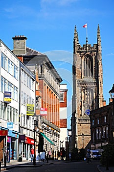 Shopping street and Cathedral, Derby.