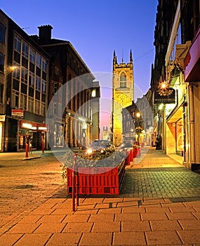 Shopping street and Cathedral, Derby.