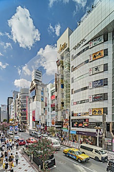 TOKYO, JAPAN - August 21 2018: Shopping street leading to Shibuya Crossing Intersection in front of Shibuya Station.