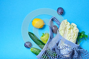 shopping String bag, open netted bag with fresh apples. blue Mesh shopping bag with fruits on green shadow background.