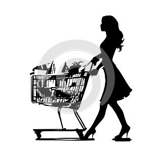 Shopping In Style Vector Silhouette, woman with shopping cart on white
