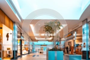 Shopping supermarket blurred background. Interior of retail centre store in soft focus. People shopping in modern commercial mall