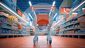 Shopping in supermarket by supermarket cart in motion blur