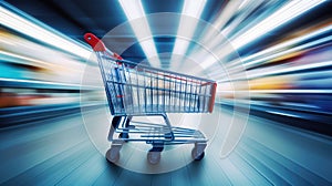 Shopping in supermarket by supermarket cart in motion blur