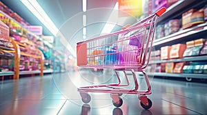 Shopping in supermarket by supermarket cart in motion blur