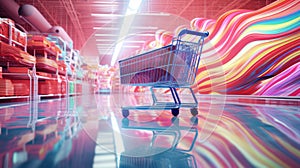 Shopping in supermarket by supermarket cart in motion blur