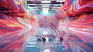 Shopping in supermarket by supermarket cart in motion blur