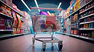 Shopping in supermarket by supermarket cart in motion blur