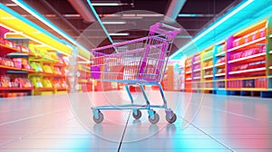 Shopping in supermarket by supermarket cart in motion blur