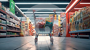 Shopping in supermarket by supermarket cart in motion blur