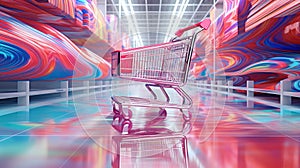 Shopping in supermarket by supermarket cart in motion blur