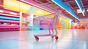 Shopping in supermarket by supermarket cart in motion blur
