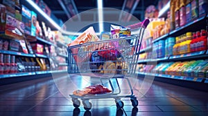 Shopping in supermarket by supermarket cart in motion blur