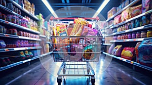 Shopping in supermarket by supermarket cart in motion blur