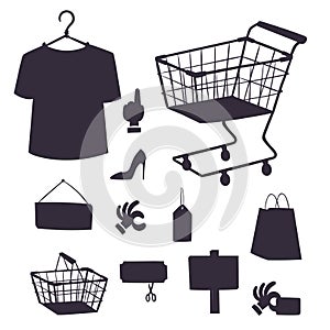 Shopping supermarket vector store shop silhouette grocery retro cartoon icons set with customers carts baskets food and