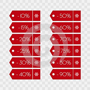 Shopping tag icon set. 10 20 25 30 40 50 60 70 75 80 90 percent vector. Red and white isolated discount symbol. Illustration sign