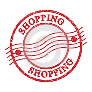 SHOPPING, text written on red postal stamp