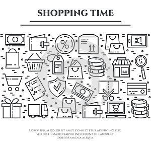 Shopping theme banner with horizontal rectangle consisting of line icons with editable stroke.