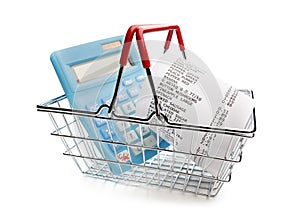Shopping till receipt, calculator and shopping basket photo
