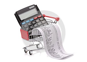 Shopping till receipt, calculator and cart