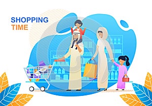Shopping Time Banner with Cartoon Arab Family