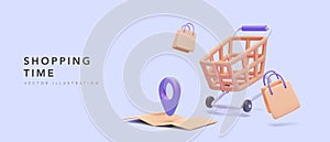 Shopping time banner with realistic 3d map, cart and gift bags. Vector illustration