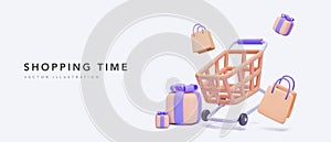 Shopping time concept banner with shopping cart, paper bag and gifts in realistic style. Vector illustration