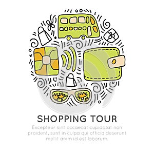 Shopping tour vector icon hand draw cartooning concept. Credit cart, bus, wallet, glasses icons in one round form with