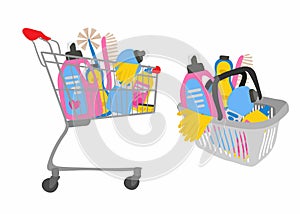 Shopping trolley and basket full of cleaning supplies,sponge for washing dishes and household chemicals for kitchen or toilet,