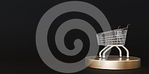 Shopping trolley on the black background with free space for text. Black friday concept. Sale, deal and discount