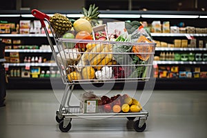 Shopping trolley cart filled with variety of groceries products. Generative AI