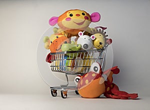 Shopping trolley cart with toys cutely arranged inside