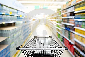 Shopping trolley in department store with goods shelf background