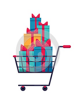 Shopping trolley fool of gist boxes. Vector illustration