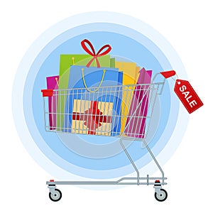 Shopping trolley or full of colorful gift boxes. Shopping carts full of shopping bags and gift boxes. Concept of discoun