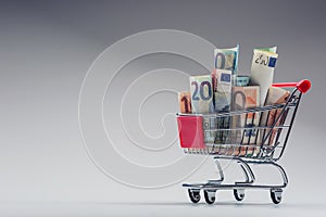 Shopping trolley full of euro money - banknotes - currency. Symbolic example of spending money in shops, or advantageous purchase photo