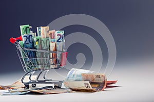 Shopping trolley full of euro money - banknotes - currency. Symbolic example of spending money in shops, or advantageous purchase